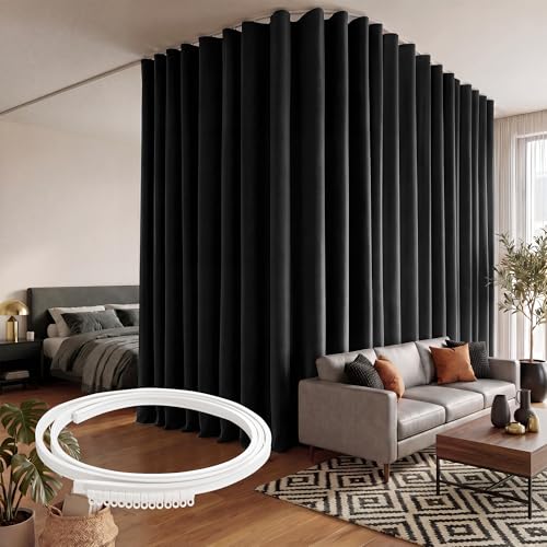 Image of RYB HOME Room Divider Curtains with Flexible Bendable Track, Heavy Duty Blackout Privacy Drape Set for Curved Bedroom /Living Room Bay Windows /RV /Corner Partition, W100xL84, Black, 1 Panel