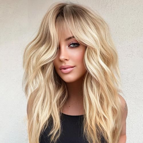 KOME Ombre Blonde Wig with Bangs,Blonde Highlight Wavy Wigs for