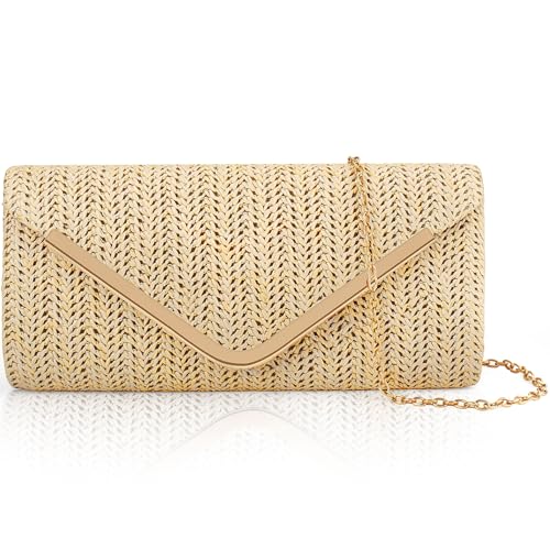 Larcenciel Clutch Purse for Women, Summer Woven Beach Straw Purse with Chain, Boho Envelope Evening Clutch Handbag,Trendy Crossbody Shoulder Party Bag for Wedding Prom Cocktail Night Vacation, Beige