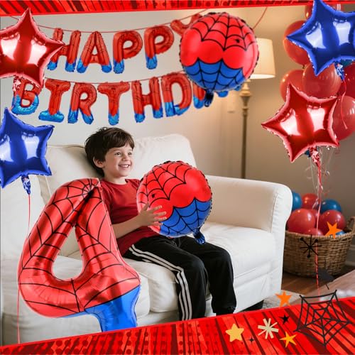 Spider Themed Happy Birthday Banner Party Decorations Set Including 40 Inch Number 4 Foil Balloons, Themed Party Essentials, Colorful Superhero Backdrop Supplies for Boys Indoor Outdoor Celebration by AXBMM - Used condition - Image 4
