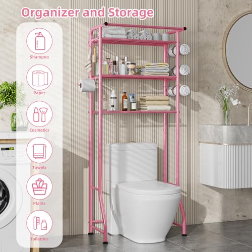 Image of Simple Trending 3 Tier Over The Toilet Rack, Shelf Bathroom, Bathroom Stand Organizer Space Saver, Pink