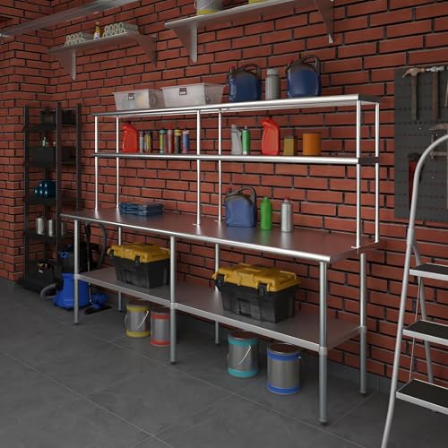 Image of AmGood Stainless Steel Work Table with 12 inch Wide Double Tier Overshelf | Metal Kitchen Prep Table & Shelving Combo | NSF (Stainless Steel Table with Double Overshelves, 96 inch Long x 24 inch Deep)