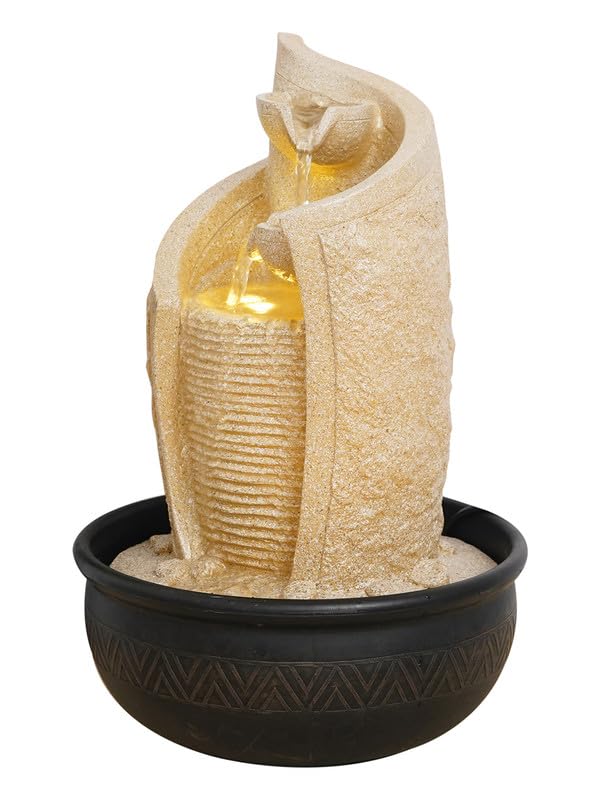 Image of Polyresin Stylish Table Top Indoor 3 Steps Waterfall Fountain for Living Room Home Decor with Yellow LED & Speed Controller Pump (Size: 40 x 25 x 25 CM | Weight: 2175 gram | Color: Cream)