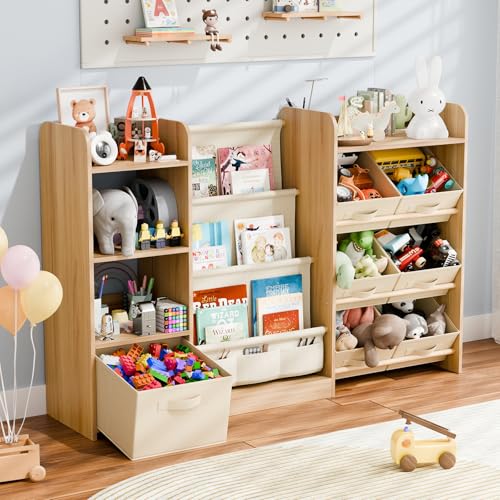 Image of IKALIFE Kids Toy Book Storage Organizer - Large Bookshelf with 7 Removable Bins, Baby Bookshelf and Toy Storage, 4-Tier Book Shelf for Kids Room, Playroom, Classroom, 55 inch, Beige
