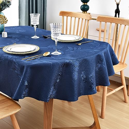 Wolkemer Shiny Large Oval Jacquard Tablecloth 60 x 120 Inch Navy Blue