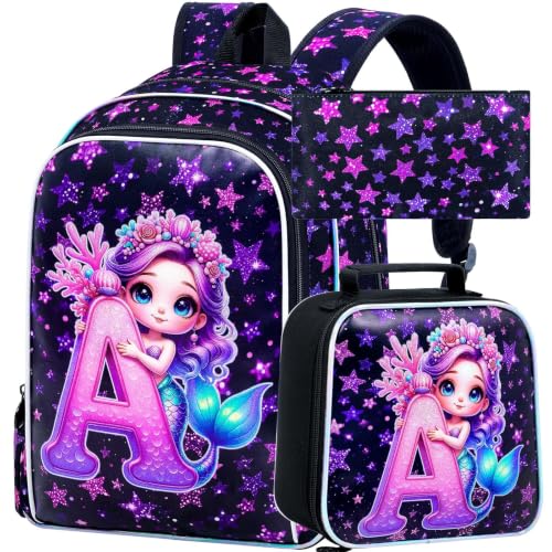 Image of CCJPX 16 inch Mermaid Backpack for Girls, 3Pcs Kids Bookbag with Lunch Box, Water Resistant Elementary School Bag for Kindergarten Preschool Toddler (Black)