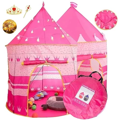 Casitas, Video On Demand Juego de Casa de Campaña para Niñas y Niños - Tienda de Campaña Infantiles con Corona, Varita y Luces de Estrellas, Castillo de Princesas Infantil Portátil...
