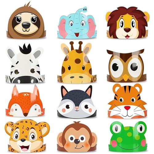 Thème Animaux des Chapeaux de Fête, 24PCS Bandeaux Animaux Couronne de Fête en Papier Anniversaire pour Enfant Accessoires Photo, Cadeau DIY Costume Animal pour Enfants Anniversaire Noël Fiesta