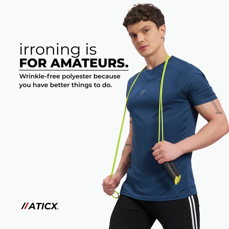 Image of ATICX Slim Fit Polyester Sports T-Shirt for Men - Round Neck Quick Dry Fit Half Sleeve Breathable Stylish Gym & Workout Tee - Lightweight Running Cycling Football Swimming Training Sportswear Top