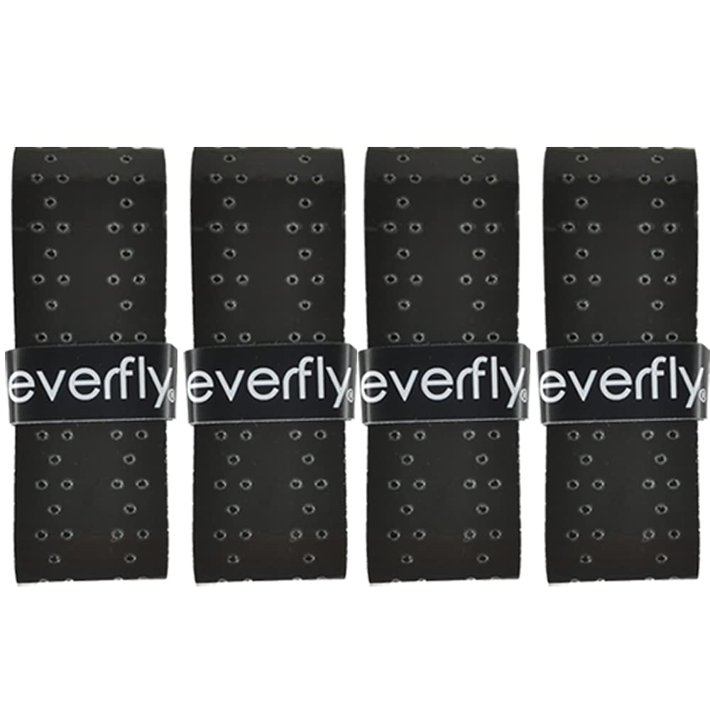 EVERFLY Overgrips Padel Lisos/Perforados - Set 4 Uds Negro - Grip Antideslizantes Tenis Bádminton Squash - Sobreempuñadura Wrap Absorbente - Cinta Agarre Protector Mango Pala Raqueta Pro