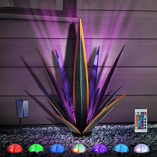 Image of KODIBO 24 inch Large Metal Agave Plant Outdoor Decor with Solar Light, Black | Waterproof Solar Garden Light, Rust-Resistant Metal, Hand-Painted Finish, Tequila Rustic Sculpture, Desert Steel Yard Art