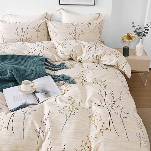 Homebox Cotton Duvet Cover Set - 100% Egyptian Cotton Cream Branch Print Bedding Set King Size - 1200 Thread Count Breathable And Textured Duvet Cover Set For All Seasons(King, 90X104'') #TOP3