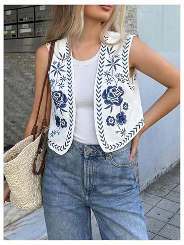 OYOANGLE Women's Floral Embroidery Boho Vests Colorblock Vest Tops Open Front Vintage Waistcoat3