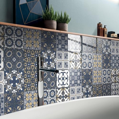Baldosas Adhesivas Azul Gris Bohemio Suelo Vinilo Autoadhesivo Vinilo Impermeables Panel Revestimiento Ducha para Baño Cocina Gabinete Muebles Decoración Azulejos Adhesivos 30x30cm /10 Piezas