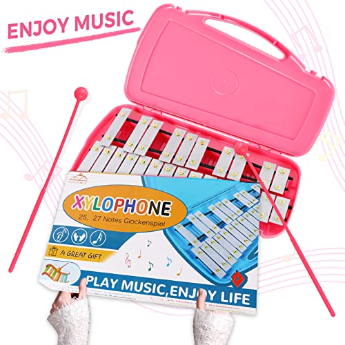 Image of EASTROCK 25 Notes Xylophone Professional Glockenspiel with Box Stick Pink