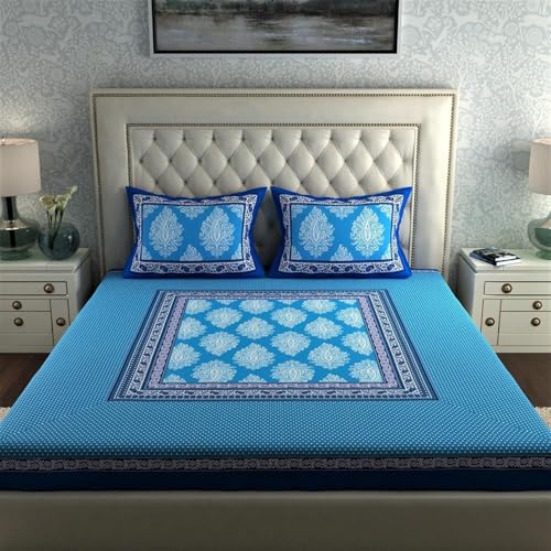 Image of La Verne 104 TC Cotton Double Bed Bedsheet Jaipuri Rajasthani Print Bedsheet with 2 Pillow Covers (Blue)