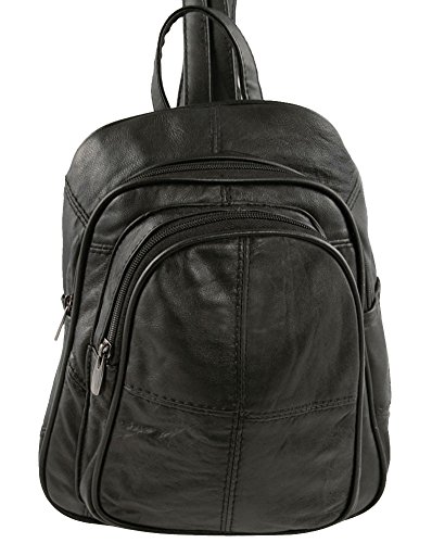 Ladies Soft Real Leather Backpack Rucksack Bag- Triple Zipped (Black)