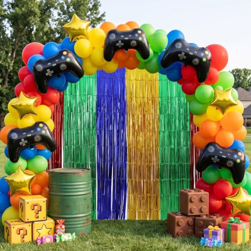 Image of TONIFUL 2Pcs Red Green Blue Yellow Metallic Foil Fringe Curtain Streamers | 3.3ftx6.6ft Photo Booth Backdrop Door Tinsel Streamer, Props for Birthday Graduation Baby Shower Summer Pool Party Decoration