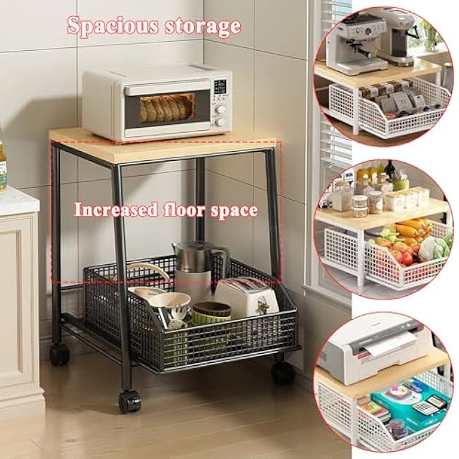 Home Storage RacksMultifunctional Rolling Microwave Cart with Storage Basket Kitchen Utility Rack & Stand for Small Spaces Ideal Coffee Station & Pantry-Ew6HMenA