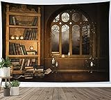 HVEST Vintage Bookshelf Tapestry Wall Hanging Magical Witch Bookshelf Tapestries Full Moon Outside Window Tapestry for Living Room Bedroom Dorm Holiday Party Decor, 60 X 40 Inches