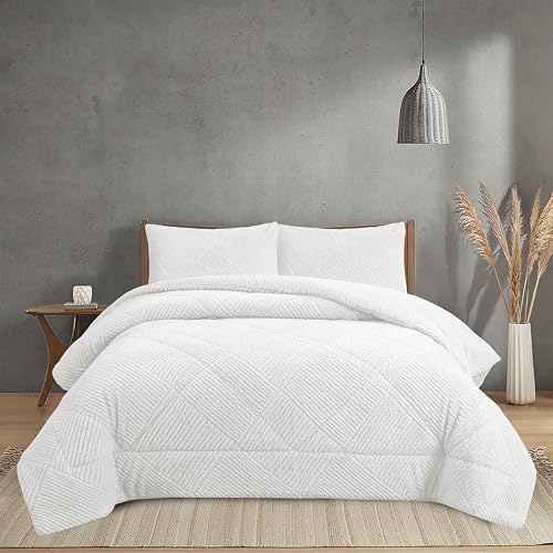 NH NOVOTEXTIL HOGAR Edredón Invierno Sherpa Cama 150 (250x260) Extra Grueso 560gr/m2 Efecto Borreguito   Edredón Suave, Cálido y Transpirable con 2 Fundas Almohada (50x70) (Belfast Blanco)