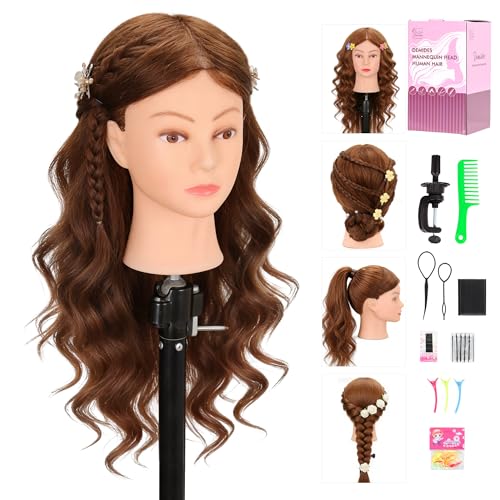 Mannequin Head with 100% Real Human Hair 22-24 Training Head for Cosmetology Salon & Home Practice Braiding Cutting Curling & Hair Styling Manikin Head with Clamp StandDark Brown