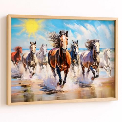 Image of HOTHOUSE Seven Running Vastu Lucky Horse Rising Sun Painting Wall Decor | 7 Horses Vastu Frame Wall Art Painting for Living Room Bedroom Office Home Decor Size (13X17 inch)