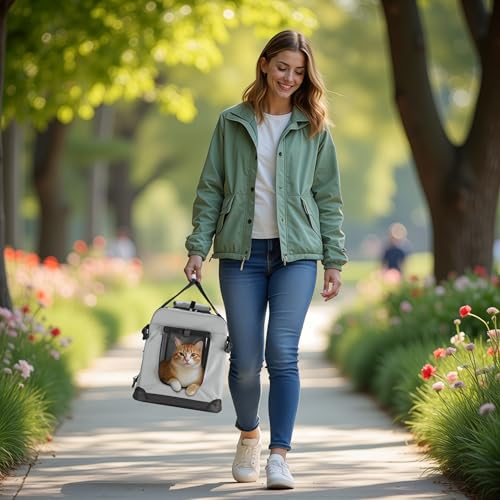 Fudajo Faltbare Transportbox für Hunde, Katzen M (60x42x44cm), robust, leicht, sicher, Hundebox mit Tragegriff und Decke, Grau