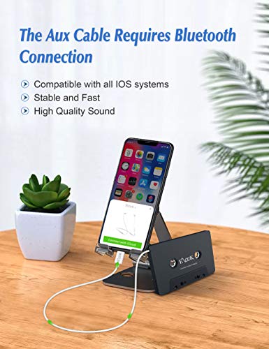 Elook Car Cassette Aux Adapter, with Audio Cable, Compatible for iOS System, Black