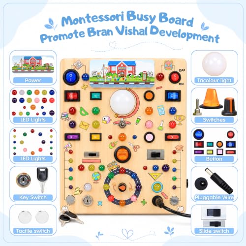 Image of Busy Board with LED Light Switches, Montessori Toys for 1 2 3 Years Old, Toddlers Wooden Toy Sensory Activity Board, Travel Toys for 1+ Year Old Boy & Girl Birthday Gift (School 19 Switches)