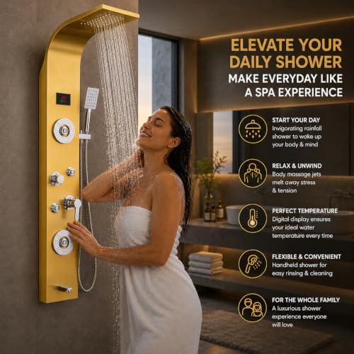 Image of ZeeCry 7 in 1 Full Set Stainless Steel 304 Shower Panel for Bathroom with Hand Shower /Showerhead /Body Massage Jets /Shower System with Hot & Cold Mixer (3 function hand shower) (Gold)