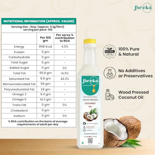 Image of Foreka Virgin Coconut Oil 1L | Cold Pressed, Wood Pressed & Unrefined | Natural Edible Oil for Cooking, Hair & Skin Care | Traditional Chekku /Kolhu Extracted Pure Oil