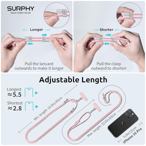 Image of SURPHY Phone Lanyard Crossbody, Phone Strap Crossbody with 2 Tether Tabs | Adjustable Cell Phone Lanyard, Anti Theft Phone Strap, Premium Metal Buckles, Universal Lanyard for Travel, Pink