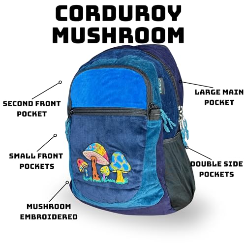 Ixchel Medium Patchwork Corduroy Sport Backpack w Mushroom Embroidery & Hidden Pocket – Handmade Backpack Festival Bag2