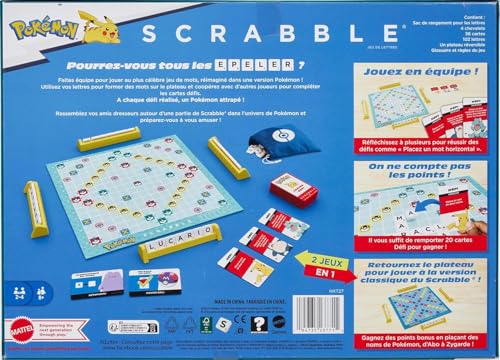 Mattel Games Scrabble Pokémon, Familien-Buchstabenspiel mit Zwei Spielmöglichkeiten, enthält 50 Herausforderungskarten mit Pokémon-Figuren… – Ansicht 4