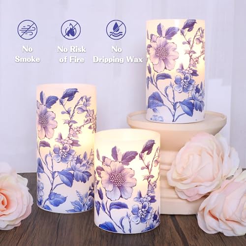Image of Crystal Club Chinoiserie Decor Flameless Candles Blue and White Porcelain Floral Battery Operated LED Pillar Candles with Remote & Timer Real Wax Candles Floral Decor for Home Wedding Centerpiece