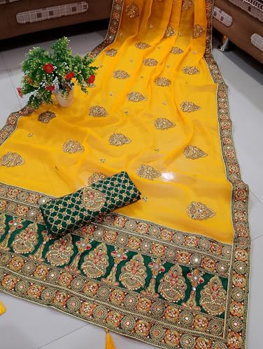 Image of Women's Bollywood Heavy Sequins Embroidery Work Georgette Saree with Unstitched Blouse