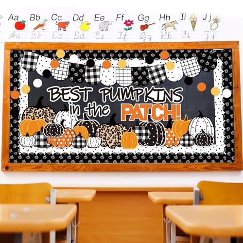 4FT Black White Autumn Bulletin Board Decoration Set Stylish Pumpkin Farm Bulletin Cutouts Cute Pumpkin Border Trim Decals with Glue Point Dots for School Classroom Bulletin Board Supplies - Thumbnail 2