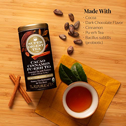 Image of The Republic of Tea Organic Cacao Cinnamon Pu-erh SuperDigest Tea | Probiotic Tea Bags (36 count) (Pack of 2)