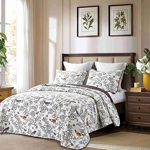 Unimall Cotton Quilted Bedspread King Size Elegant Birds Pattern Patchwork Quilt Bed Throws with Pillow Shames for Double Bed
