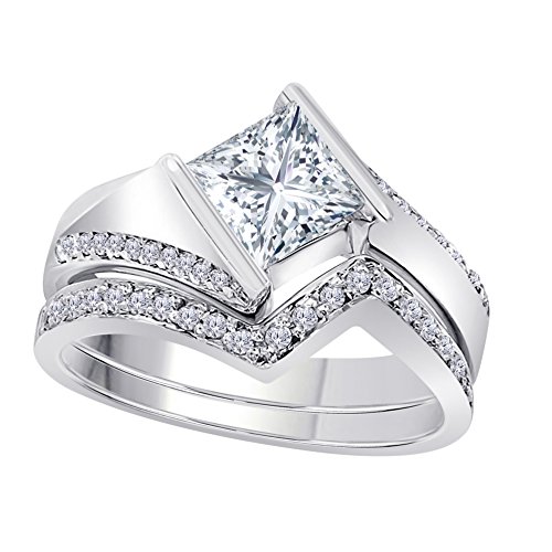 1.50 Ct Princess & Round Cut White CZ Diamond 14k White Gold Plated Bezel Set Wedding Engagement Ring Bridal Set