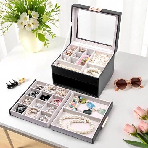 Image of BucketList Luxury PU Leather Jewellery Organizer Box with Glass Top | Multi-Drawer Jewelry Storage Case with Ring Slots & Compartments | Elegant Lockable (2 Drawers Jewellery Box (Black))