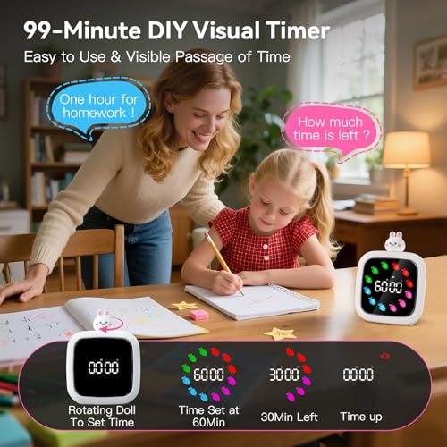 Image of Digital Visual Timer for Kids, 99-Minute Countdown, Rechargeable | 19 Music Alarm, Pause Function, 9 Optional DIY Color Carrot Display, Rabbit Doll, for Study, Homeschool, Kitchen