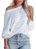 Dokotoo Womens Sweaters Tops Trendy Fall Fashion 2023 Business Casual Clothes Off The Shoulder Crew Neck Oversized Loose Fit 3/4 Long Sleeve Solid Color Ribbed Knit Pullover White Medium