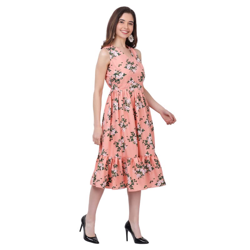 Image of Women's Crepe A-Line Knee Length Dress | Western Sleeveless Dress for Girls | Flared Frock | Frill Midi | Knee Gown