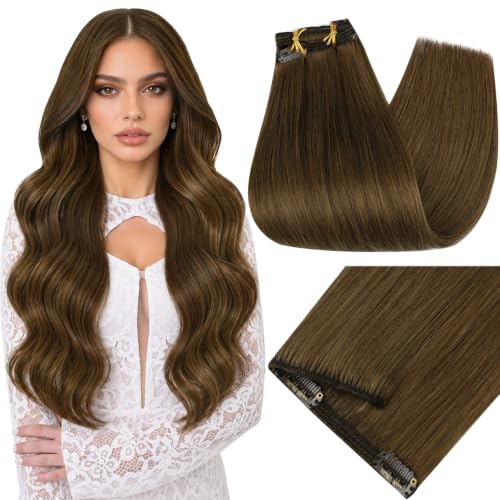 Full Shine Medium Brown Clip in Hair Extensions Human Hair, 18 Inch 135g