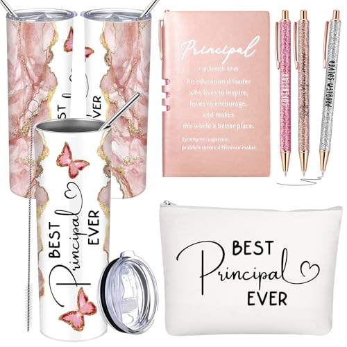 Domensi 6 Pcs End of The Year Gifts for Principal Thank You Gift 20oz Rustic Butterfly Marble Sign Tumbler Makeup Bag Journal for Assistant Principal School Office Birthday Retirement (White)
