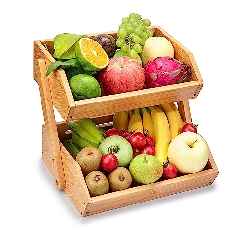Calm Cozy Fruit Basket For Kitchen, 2-Tier Bamboo Fruit Bowl For Kitchen Counter, Kitchen Organization For Vegetables, Bread, Bowl, 12" 9" 11" #TOP13