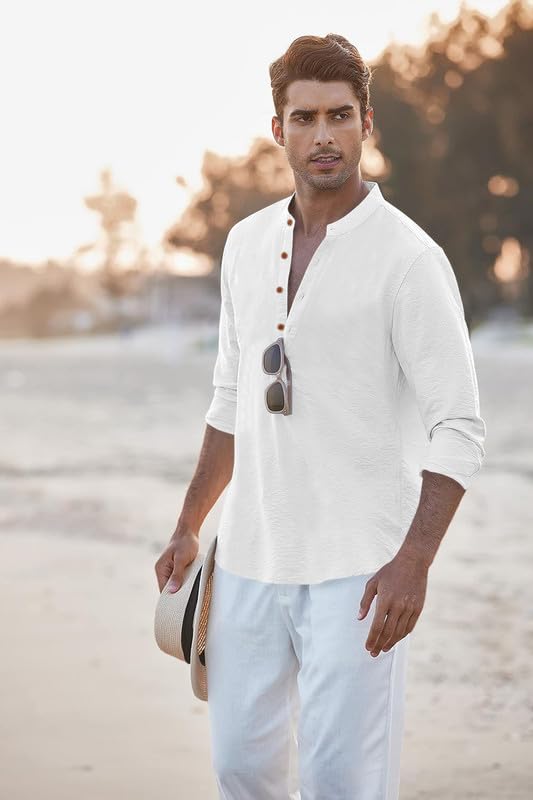 Image of Macsivo Men's Cotton Blend Henley Short Kurta with Mandarin Collar Long Sleeeve Button Closure Curved Hem Regular Fit | Kurta for Men Stylish