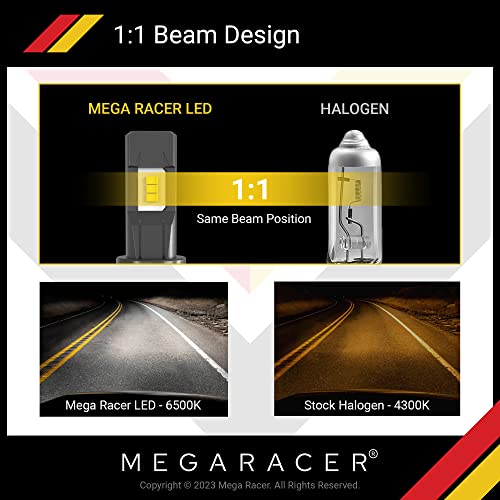 Mega Racer H11/H8/H9/H16 Wireless Led Headlight Bulbs - Daylight White 6500K 50 Watt 12000 Lumens Led Chip 360 Degree Coverage Ip68 Waterproof Rating, 1 Pair #TOP3